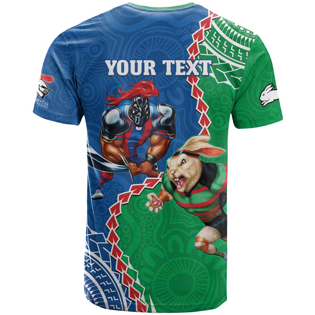 Personalised Rabbitohs And Knights Rugby T Shirt Aboriginal Mix Polynesian Pattern