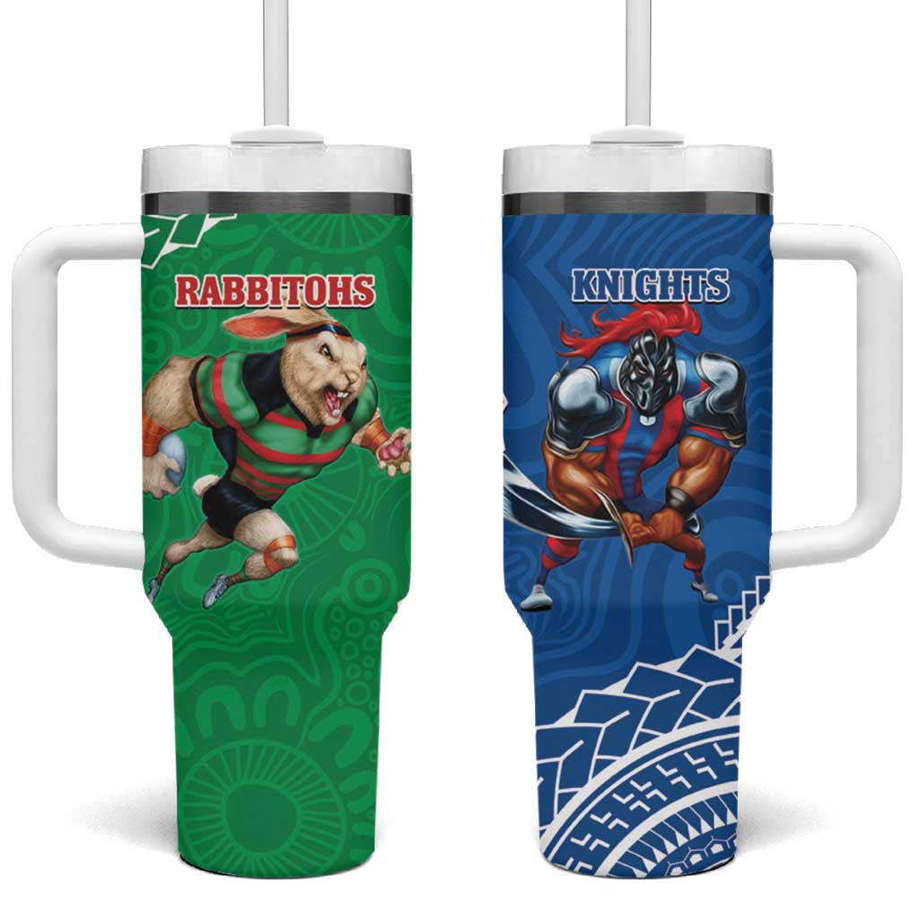 Rabbitohs And Knights Rugby Tumbler With Handle Aboriginal Mix Polynesian Pattern