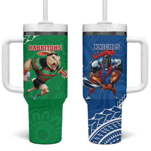 Rabbitohs And Knights Rugby Tumbler With Handle Aboriginal Mix Polynesian Pattern