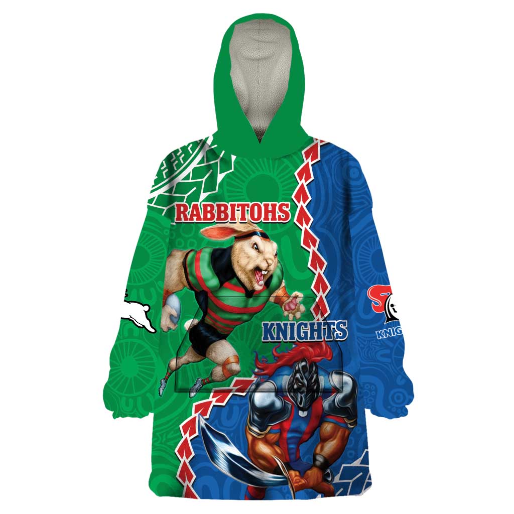 Personalised Rabbitohs And Knights Rugby Wearable Blanket Hoodie Aboriginal Mix Polynesian Pattern