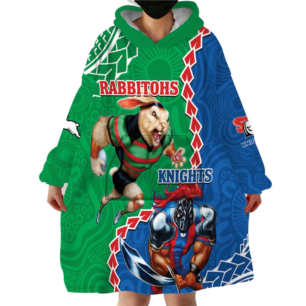 Personalised Rabbitohs And Knights Rugby Wearable Blanket Hoodie Aboriginal Mix Polynesian Pattern