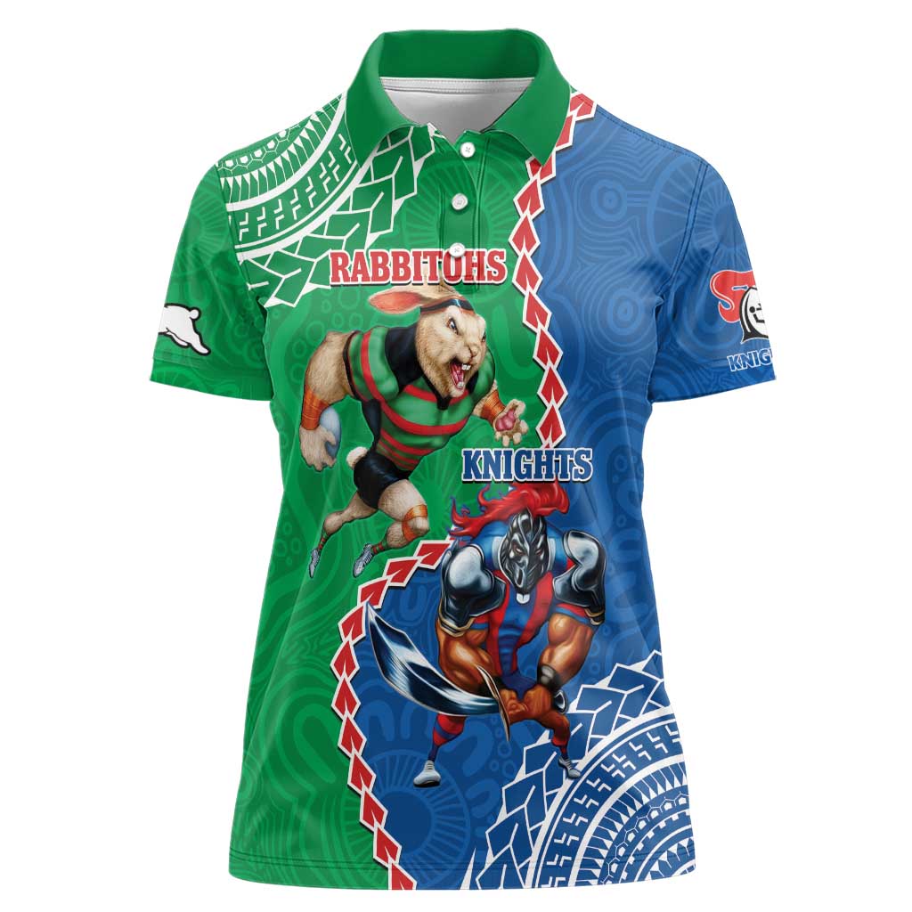 Personalised Rabbitohs And Knights Rugby Women Polo Shirt Aboriginal Mix Polynesian Pattern