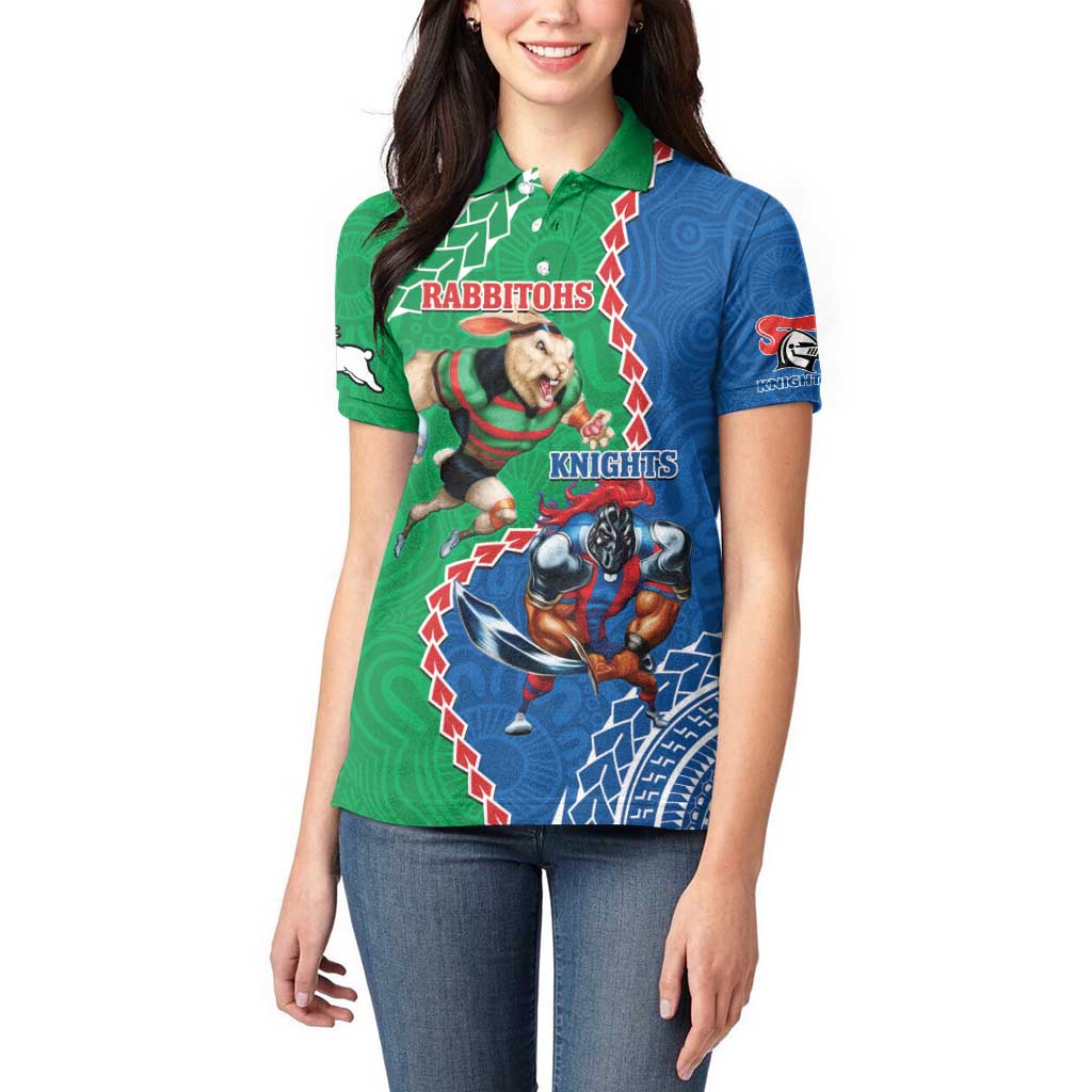 Personalised Rabbitohs And Knights Rugby Women Polo Shirt Aboriginal Mix Polynesian Pattern