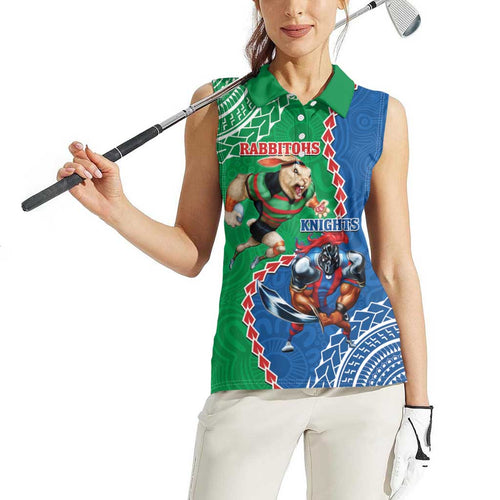 Personalised Rabbitohs And Knights Rugby Women Sleeveless Polo Shirt Aboriginal Mix Polynesian Pattern