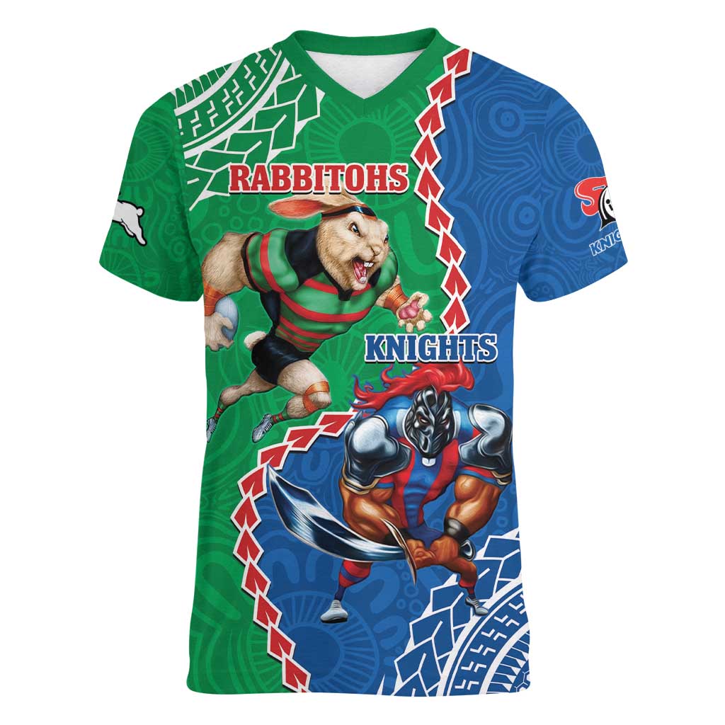 Personalised Rabbitohs And Knights Rugby Women V-Neck T-Shirt Aboriginal Mix Polynesian Pattern
