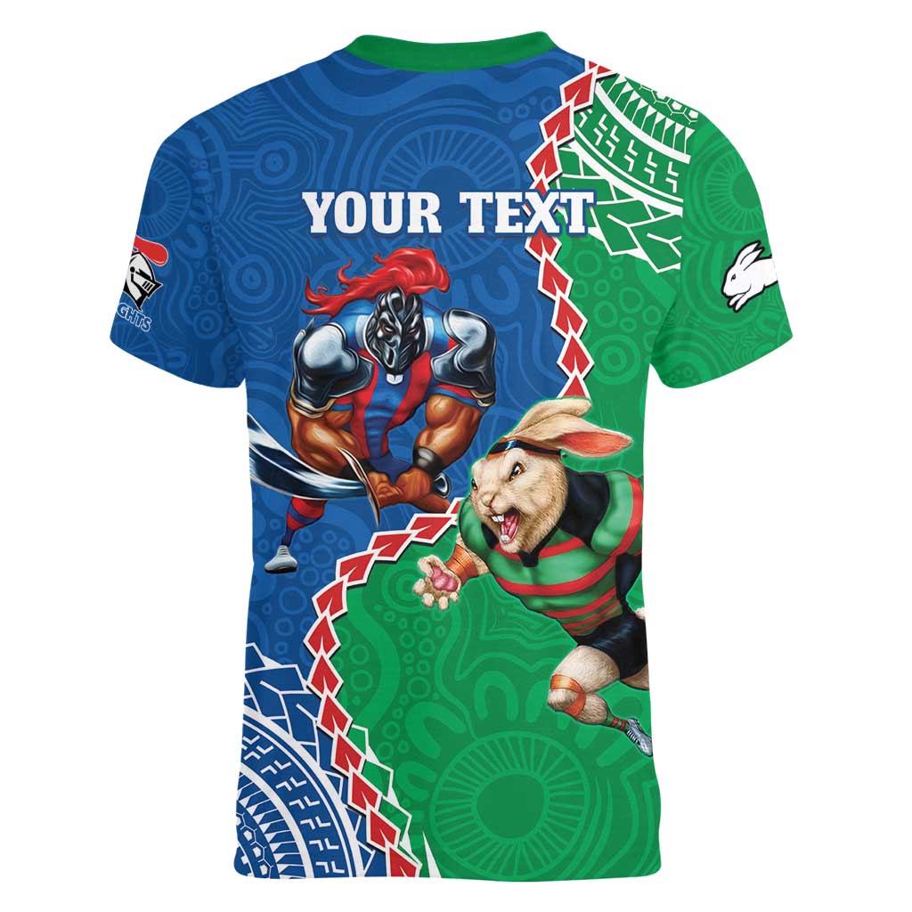 Personalised Rabbitohs And Knights Rugby Women V-Neck T-Shirt Aboriginal Mix Polynesian Pattern