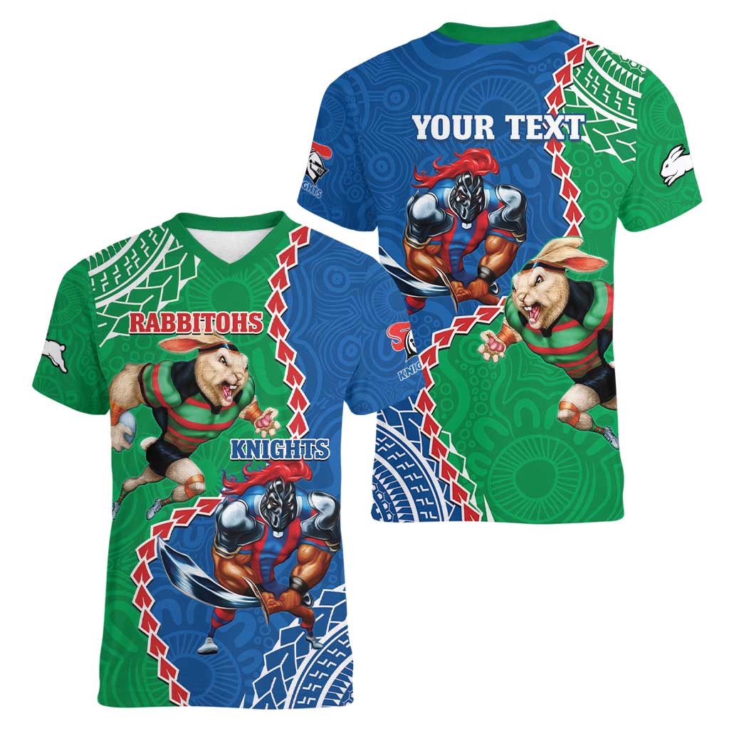 Personalised Rabbitohs And Knights Rugby Women V-Neck T-Shirt Aboriginal Mix Polynesian Pattern