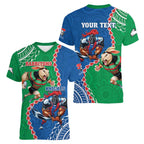 Personalised Rabbitohs And Knights Rugby Women V-Neck T-Shirt Aboriginal Mix Polynesian Pattern