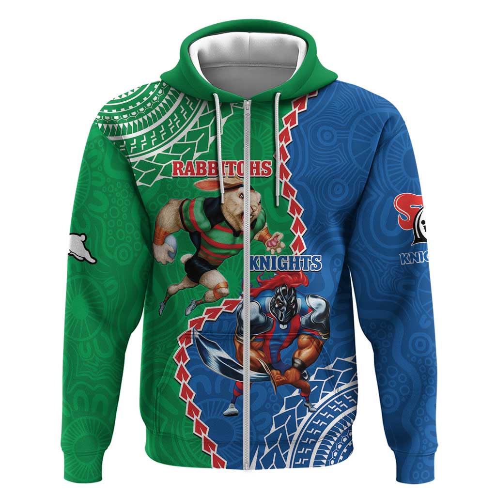 Personalised Rabbitohs And Knights Rugby Zip Hoodie Aboriginal Mix Polynesian Pattern