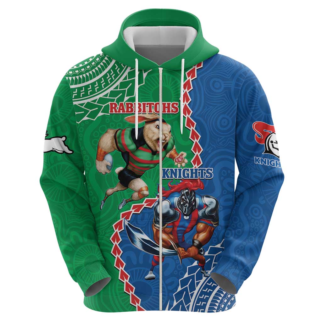 Personalised Rabbitohs And Knights Rugby Zip Hoodie Aboriginal Mix Polynesian Pattern