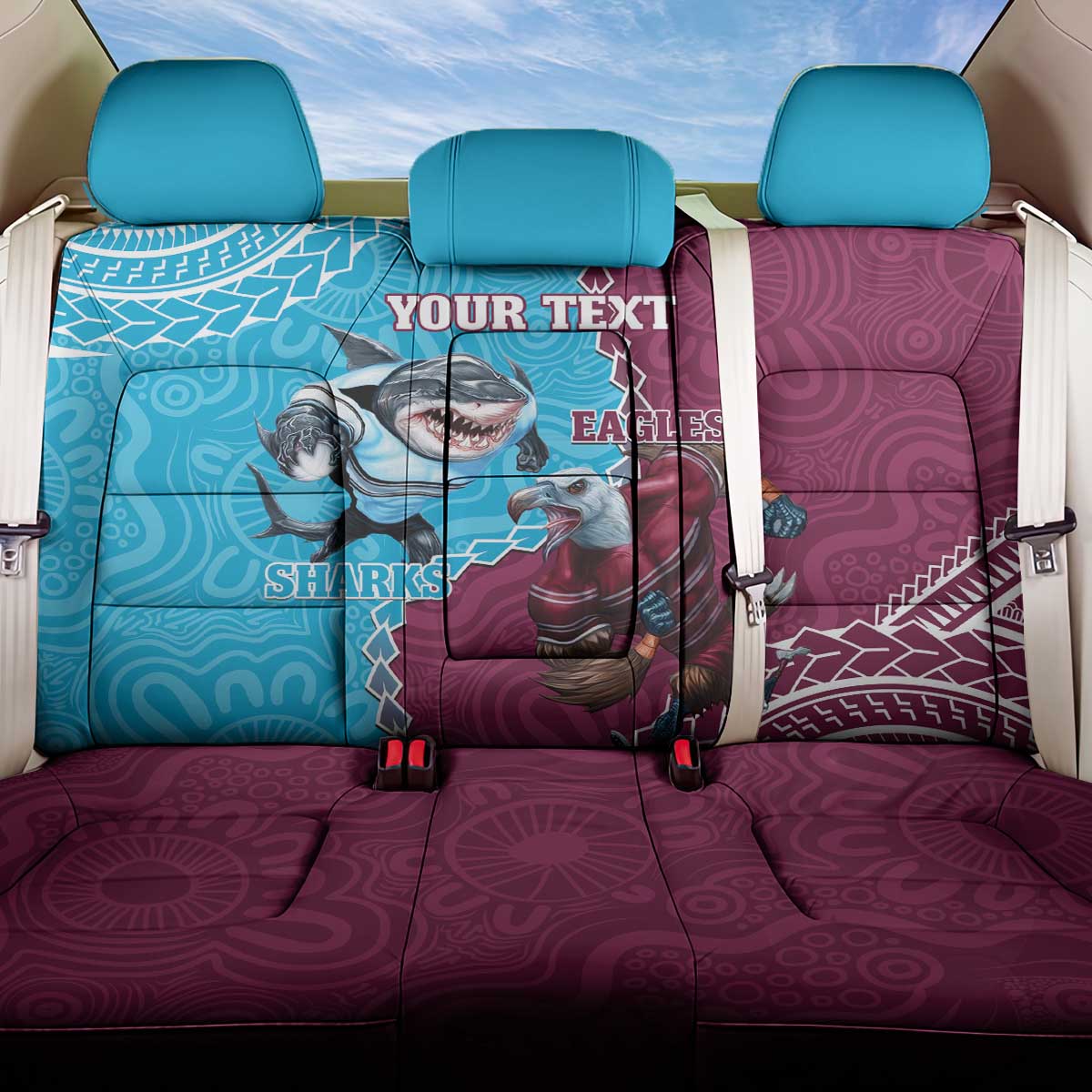 Personalised Eagles And Sharks Rugby Back Car Seat Cover Aboriginal Mix Polynesian Pattern