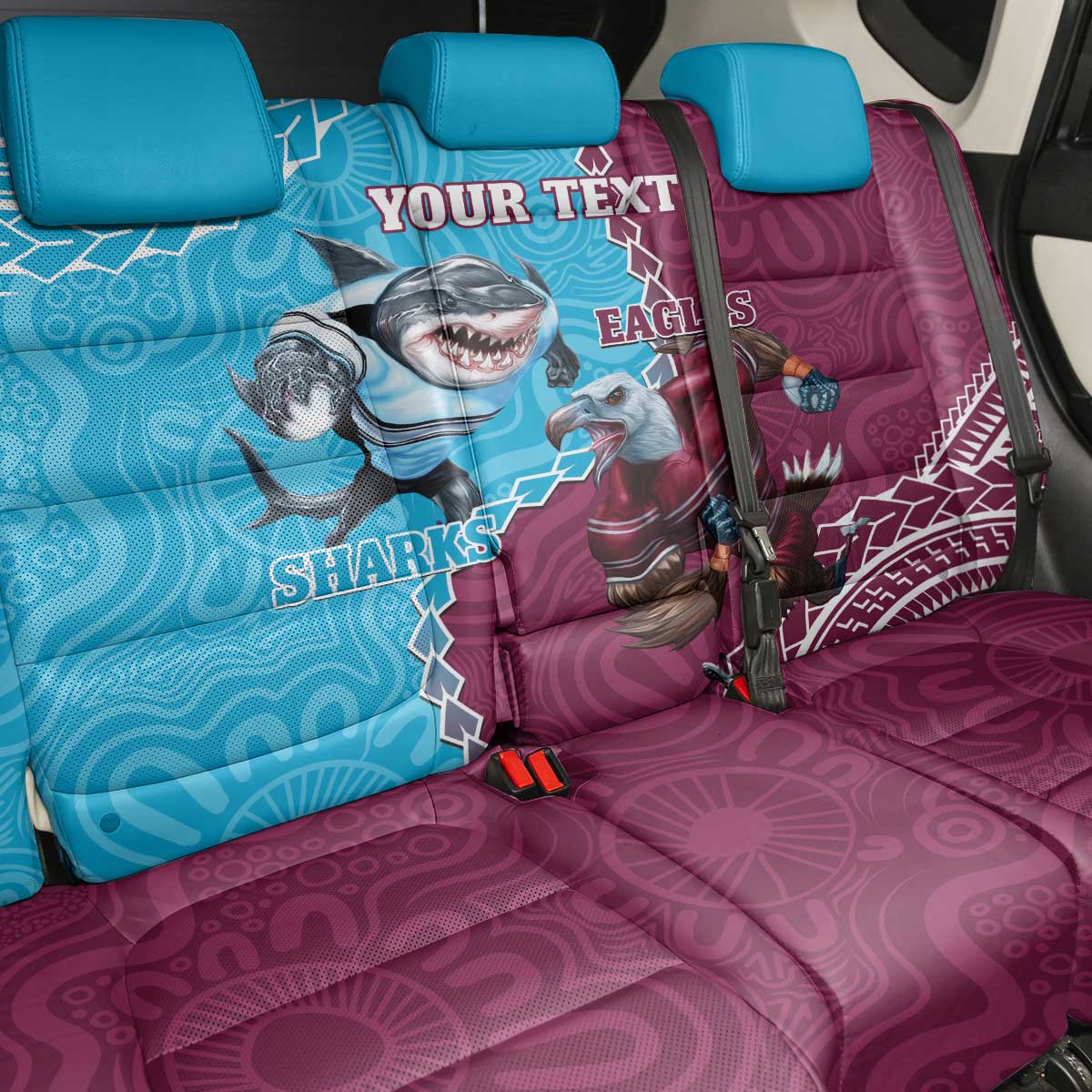 Personalised Eagles And Sharks Rugby Back Car Seat Cover Aboriginal Mix Polynesian Pattern