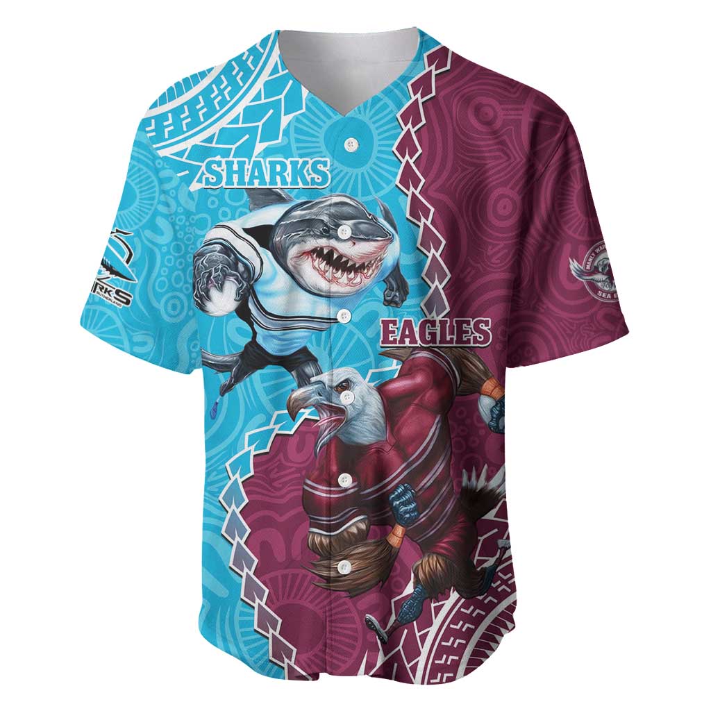 Personalised Eagles And Sharks Rugby Baseball Jersey Aboriginal Mix Polynesian Pattern