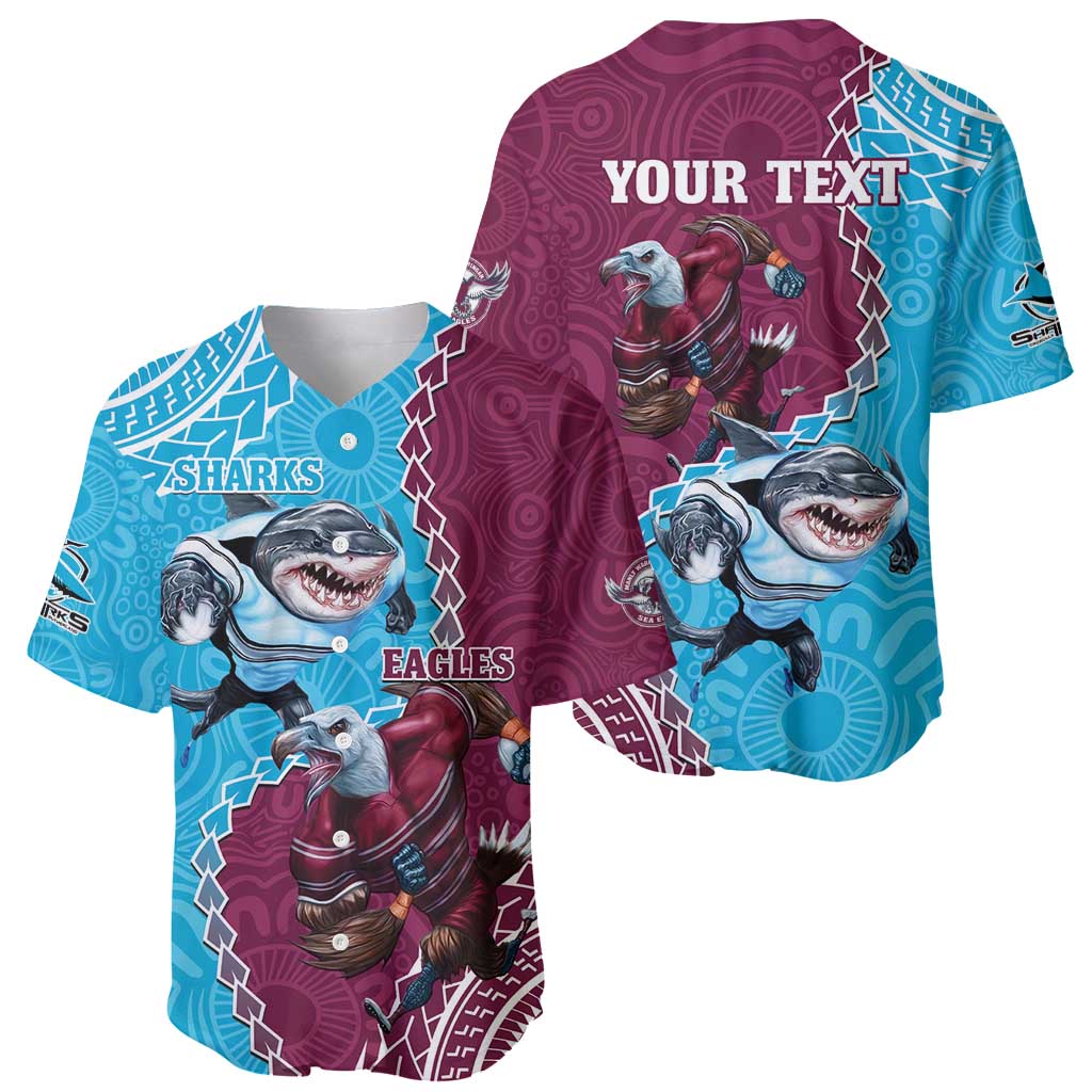 Personalised Eagles And Sharks Rugby Baseball Jersey Aboriginal Mix Polynesian Pattern