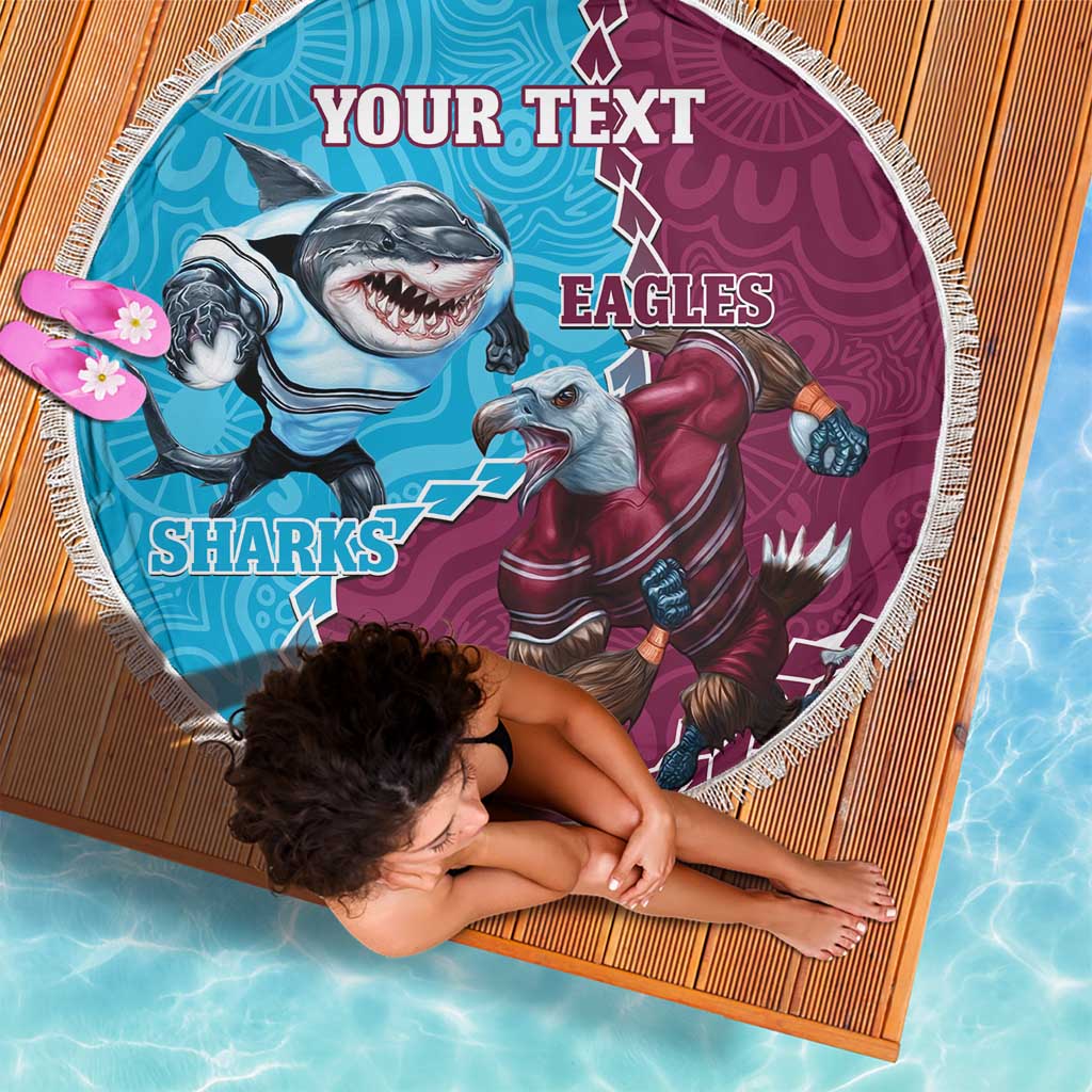 Personalised Eagles And Sharks Rugby Beach Blanket Aboriginal Mix Polynesian Pattern