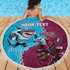 Personalised Eagles And Sharks Rugby Beach Blanket Aboriginal Mix Polynesian Pattern