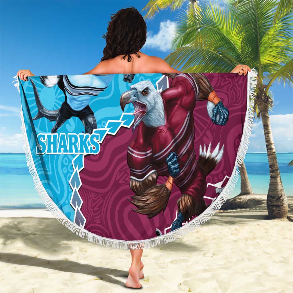 Personalised Eagles And Sharks Rugby Beach Blanket Aboriginal Mix Polynesian Pattern