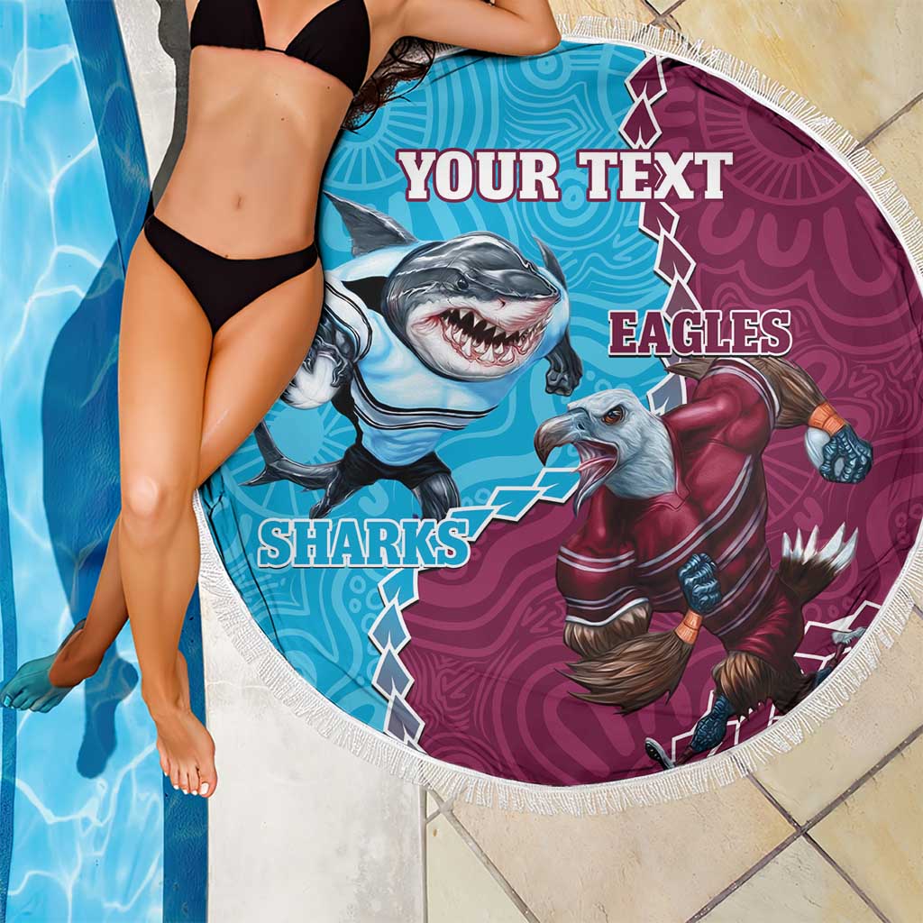 Personalised Eagles And Sharks Rugby Beach Blanket Aboriginal Mix Polynesian Pattern