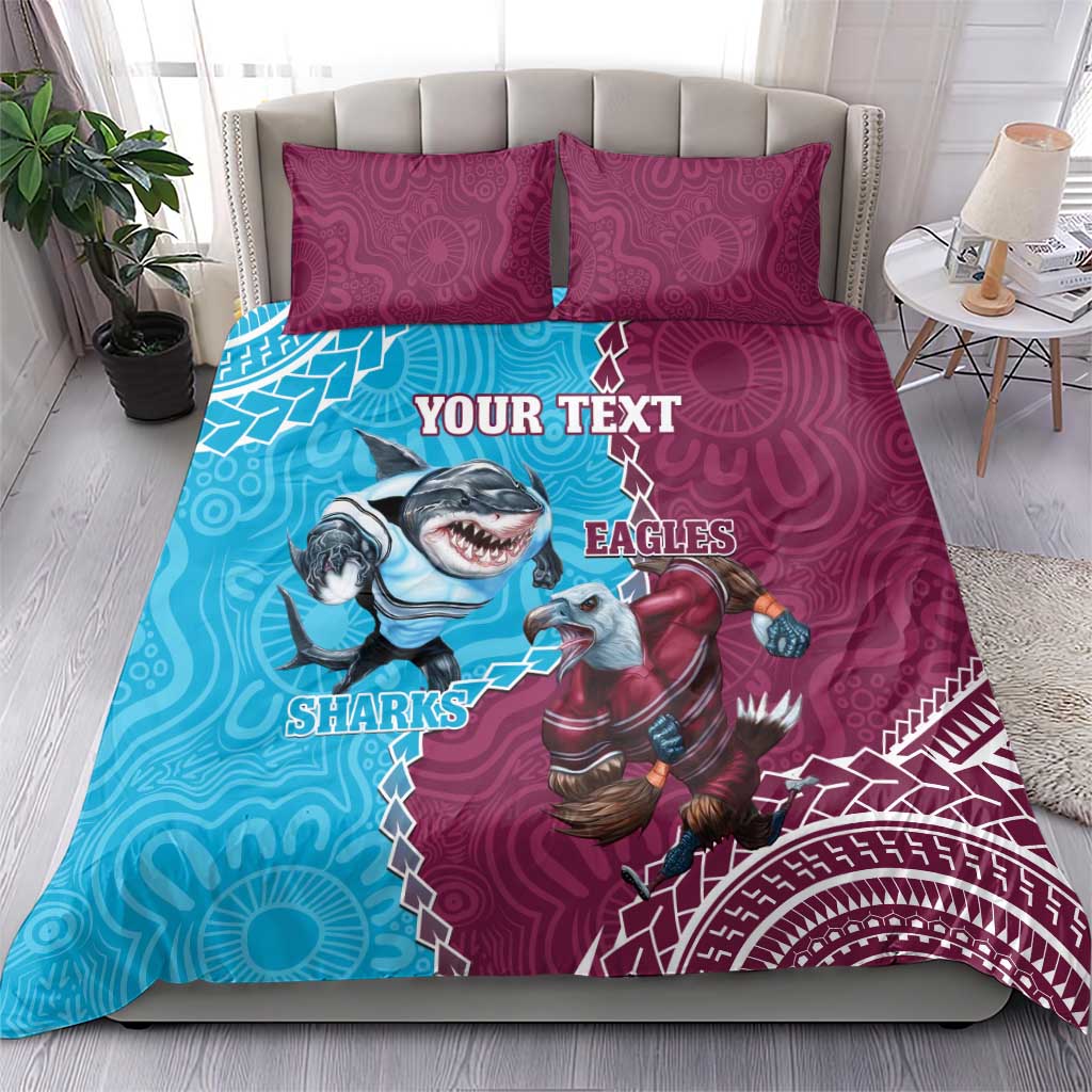 Personalised Eagles And Sharks Rugby Bedding Set Aboriginal Mix Polynesian Pattern
