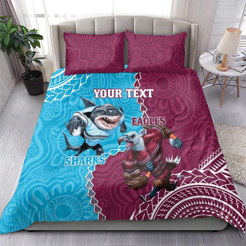 Personalised Eagles And Sharks Rugby Bedding Set Aboriginal Mix Polynesian Pattern