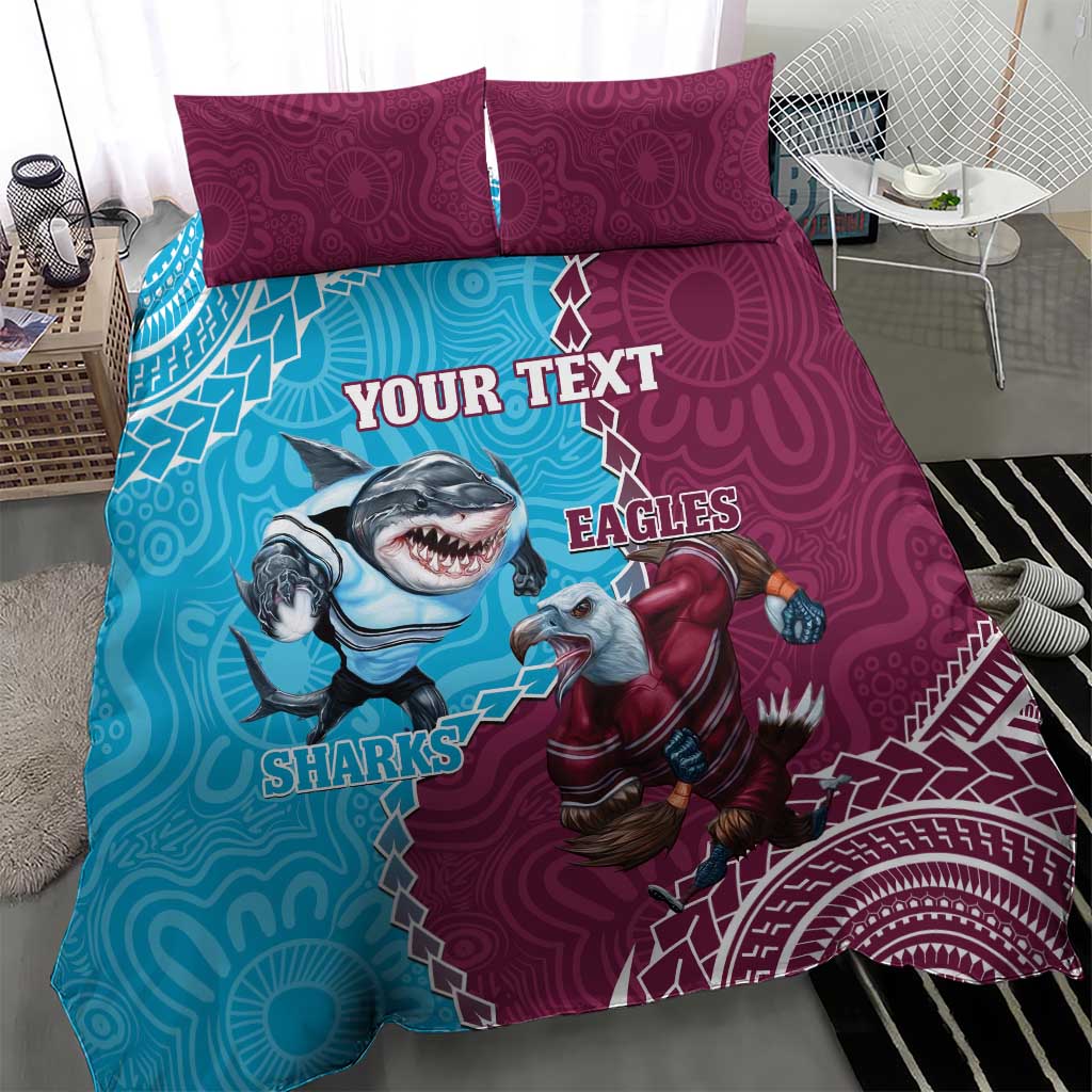 Personalised Eagles And Sharks Rugby Bedding Set Aboriginal Mix Polynesian Pattern