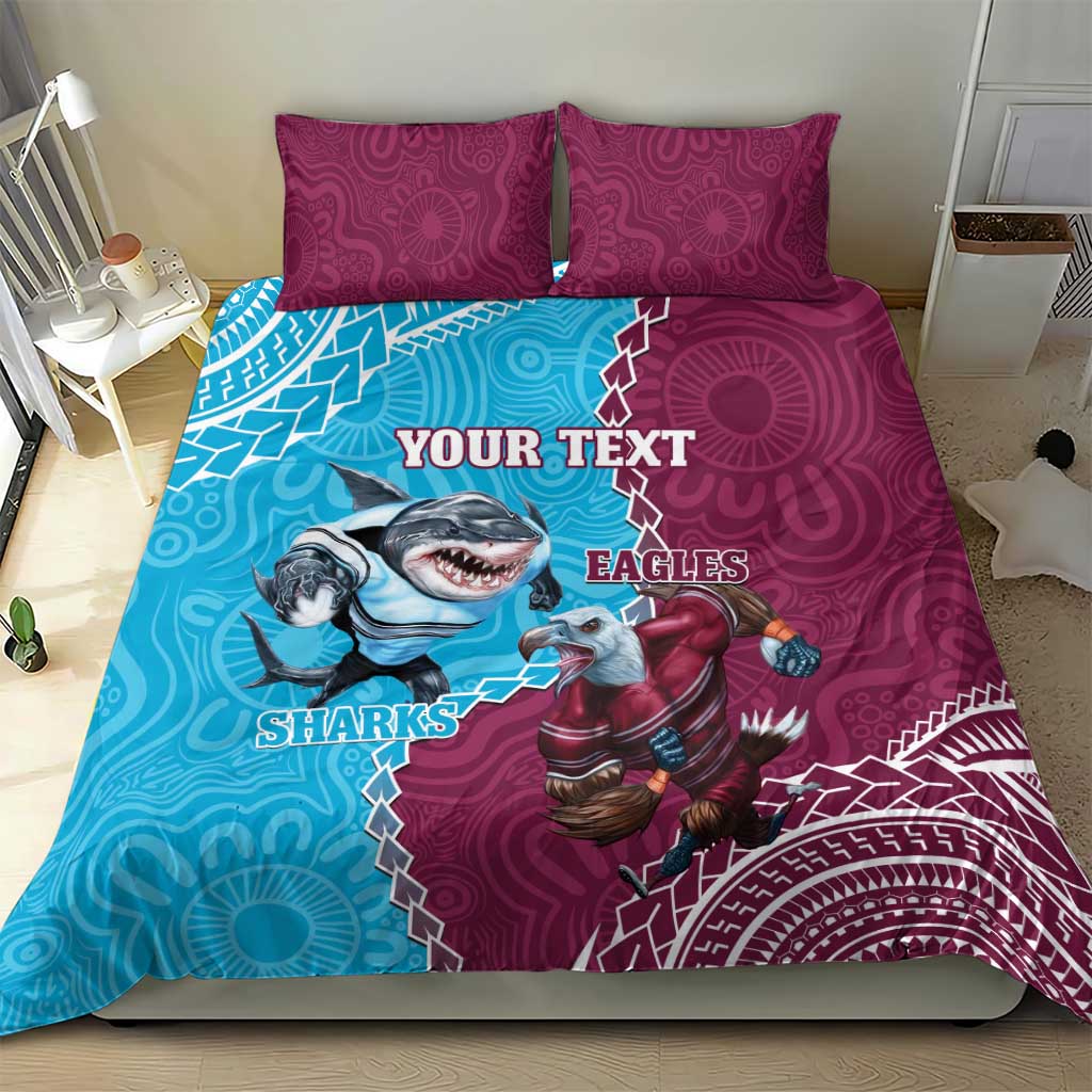 Personalised Eagles And Sharks Rugby Bedding Set Aboriginal Mix Polynesian Pattern