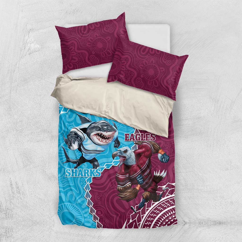 Personalised Eagles And Sharks Rugby Bedding Set Aboriginal Mix Polynesian Pattern