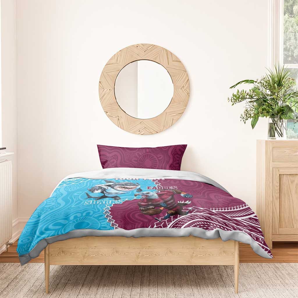 Personalised Eagles And Sharks Rugby Bedding Set Aboriginal Mix Polynesian Pattern