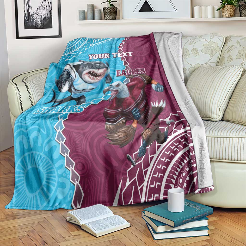 Personalised Eagles And Sharks Rugby Blanket Aboriginal Mix Polynesian Pattern