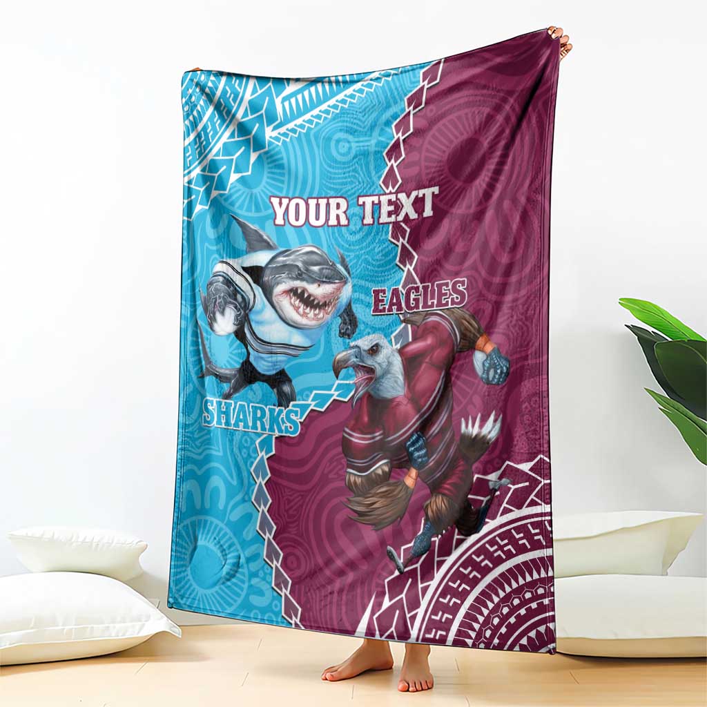 Personalised Eagles And Sharks Rugby Blanket Aboriginal Mix Polynesian Pattern