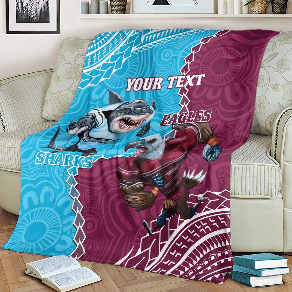 Personalised Eagles And Sharks Rugby Blanket Aboriginal Mix Polynesian Pattern