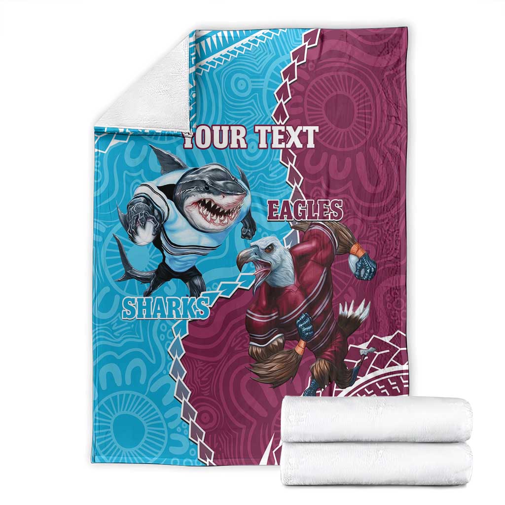 Personalised Eagles And Sharks Rugby Blanket Aboriginal Mix Polynesian Pattern