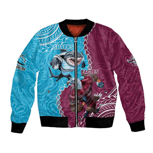 Personalised Eagles And Sharks Rugby Bomber Jacket Aboriginal Mix Polynesian Pattern