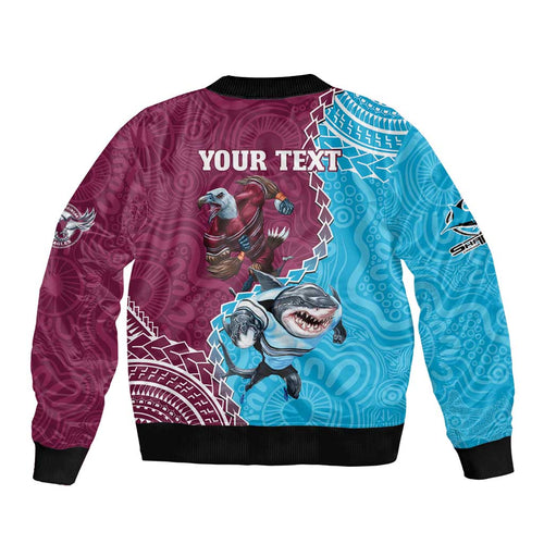 Personalised Eagles And Sharks Rugby Bomber Jacket Aboriginal Mix Polynesian Pattern