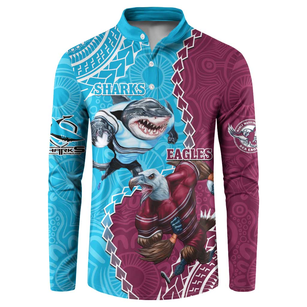Personalised Eagles And Sharks Rugby Button Sweatshirt Aboriginal Mix Polynesian Pattern