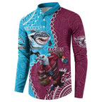 Personalised Eagles And Sharks Rugby Button Sweatshirt Aboriginal Mix Polynesian Pattern