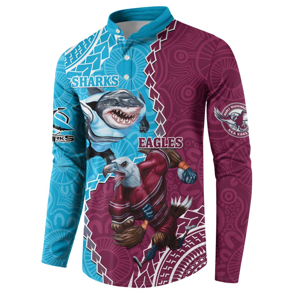 Personalised Eagles And Sharks Rugby Button Sweatshirt Aboriginal Mix Polynesian Pattern