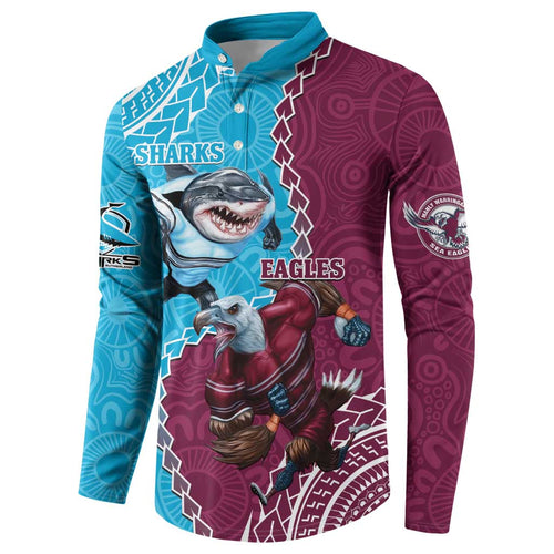 Personalised Eagles And Sharks Rugby Button Sweatshirt Aboriginal Mix Polynesian Pattern