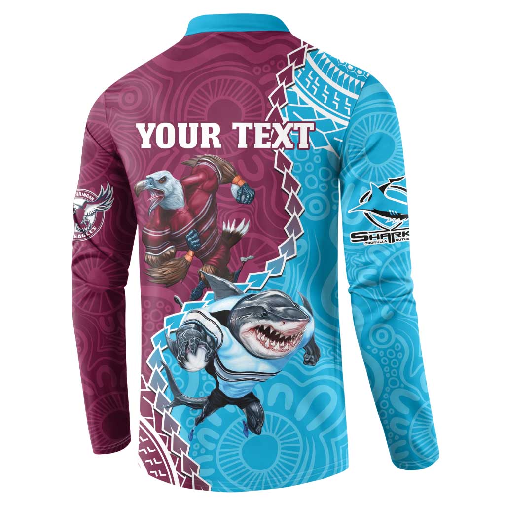 Personalised Eagles And Sharks Rugby Button Sweatshirt Aboriginal Mix Polynesian Pattern