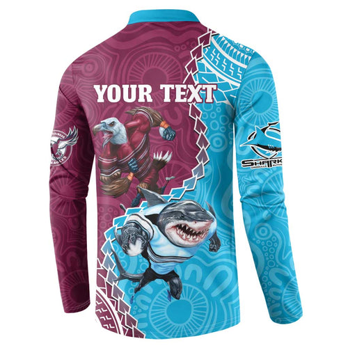Personalised Eagles And Sharks Rugby Button Sweatshirt Aboriginal Mix Polynesian Pattern