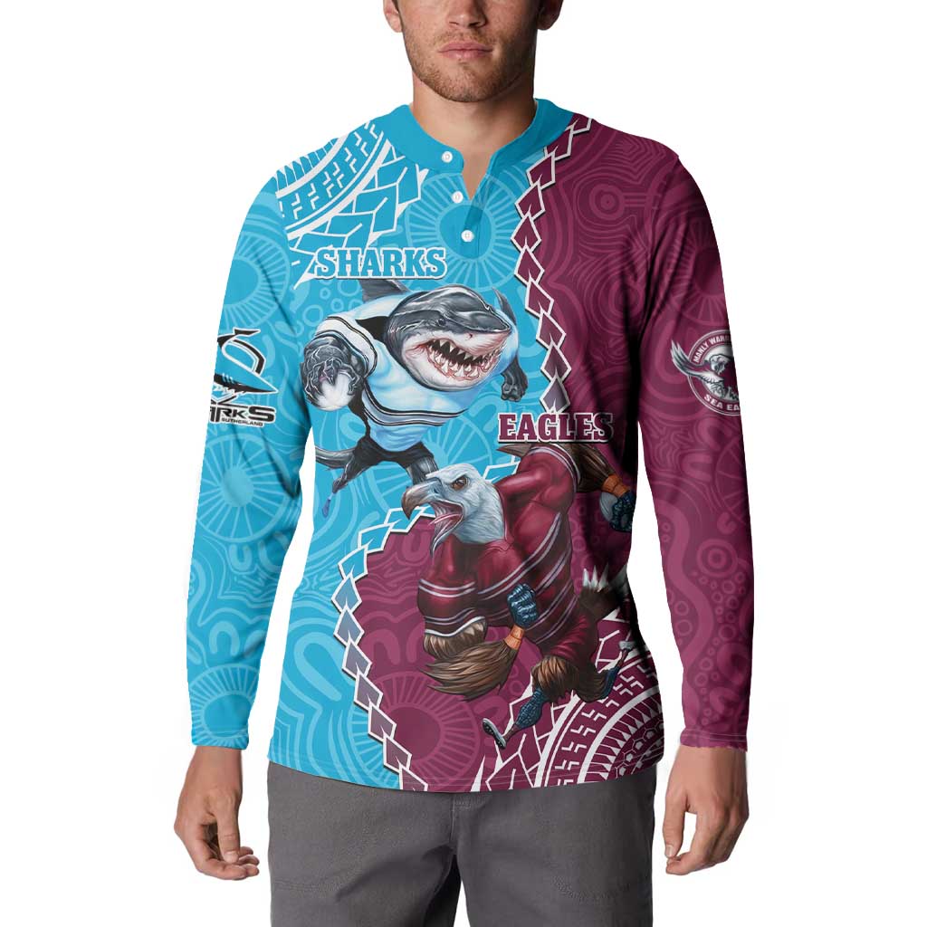 Personalised Eagles And Sharks Rugby Button Sweatshirt Aboriginal Mix Polynesian Pattern