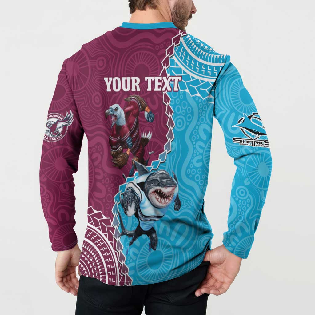 Personalised Eagles And Sharks Rugby Button Sweatshirt Aboriginal Mix Polynesian Pattern