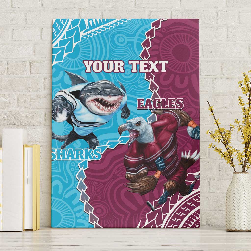 Personalised Eagles And Sharks Rugby Canvas Wall Art Aboriginal Mix Polynesian Pattern