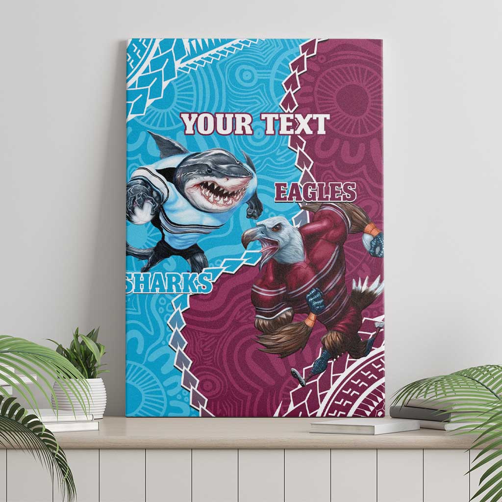 Personalised Eagles And Sharks Rugby Canvas Wall Art Aboriginal Mix Polynesian Pattern