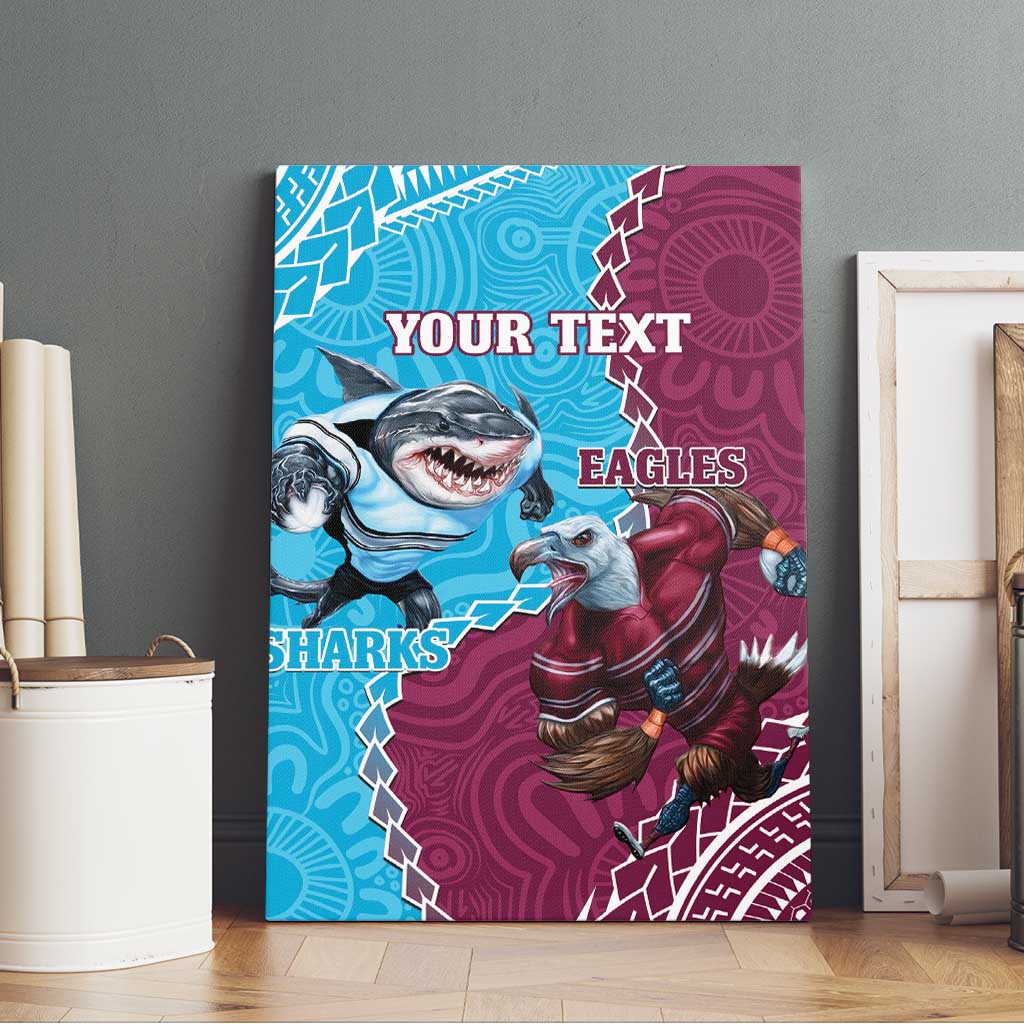 Personalised Eagles And Sharks Rugby Canvas Wall Art Aboriginal Mix Polynesian Pattern