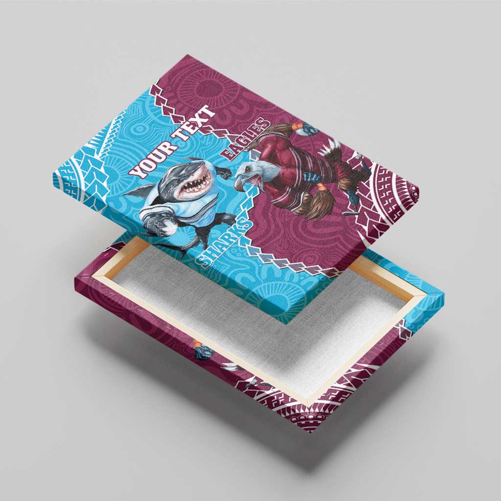 Personalised Eagles And Sharks Rugby Canvas Wall Art Aboriginal Mix Polynesian Pattern