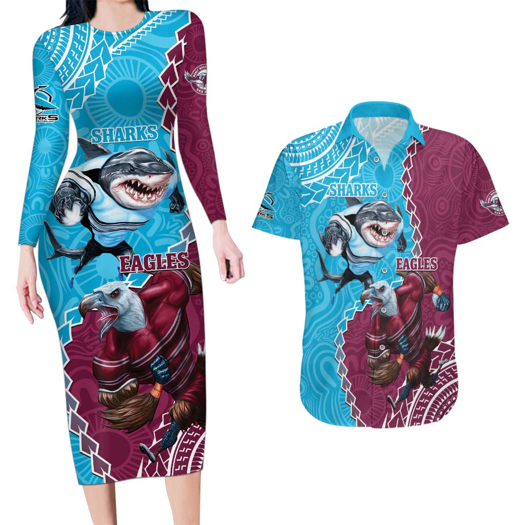 Personalised Eagles And Sharks Rugby Couples Matching Long Sleeve Bodycon Dress and Hawaiian Shirt Aboriginal Mix Polynesian Pattern