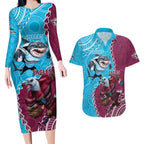 Personalised Eagles And Sharks Rugby Couples Matching Long Sleeve Bodycon Dress and Hawaiian Shirt Aboriginal Mix Polynesian Pattern