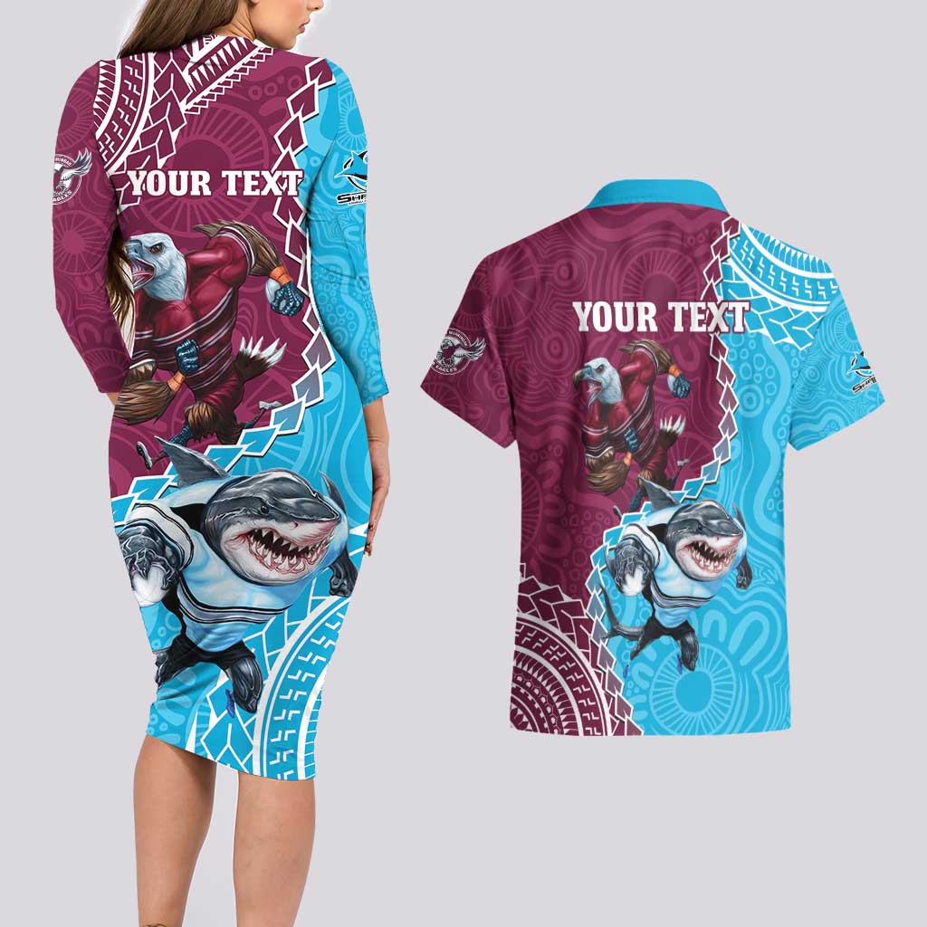 Personalised Eagles And Sharks Rugby Couples Matching Long Sleeve Bodycon Dress and Hawaiian Shirt Aboriginal Mix Polynesian Pattern