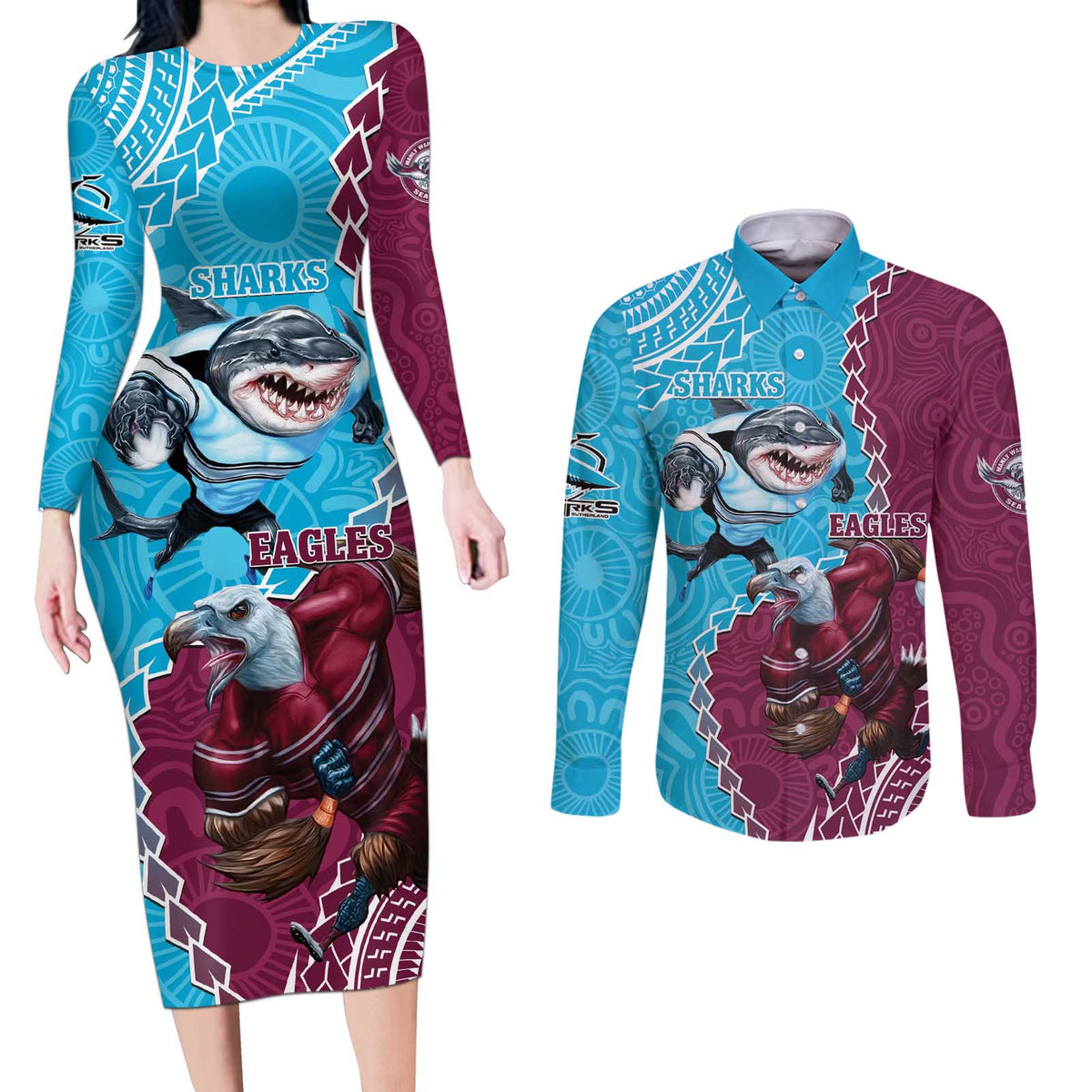 Personalised Eagles And Sharks Rugby Couples Matching Long Sleeve Bodycon Dress and Long Sleeve Button Shirt Aboriginal Mix Polynesian Pattern